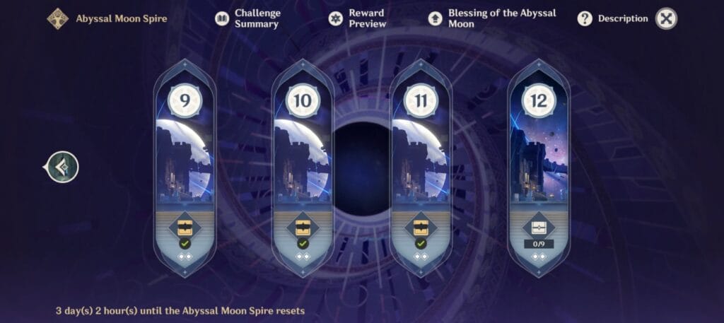 Genshin Impact Abyssal Moon Spire floor selection screen showing Floors 9 through 12