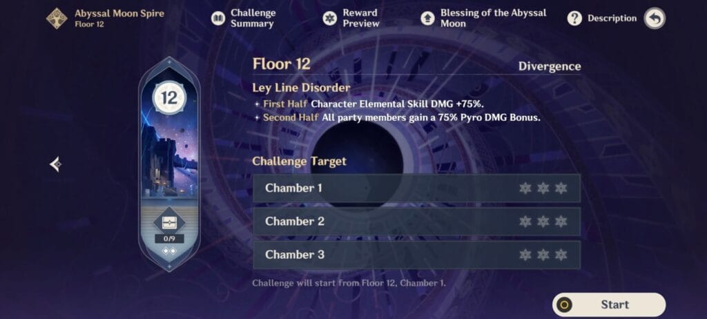 Genshin Impact Spiral Abyss Floor 12 Ley Line Disorder screen showing different First Half and Second Half damage buffs
