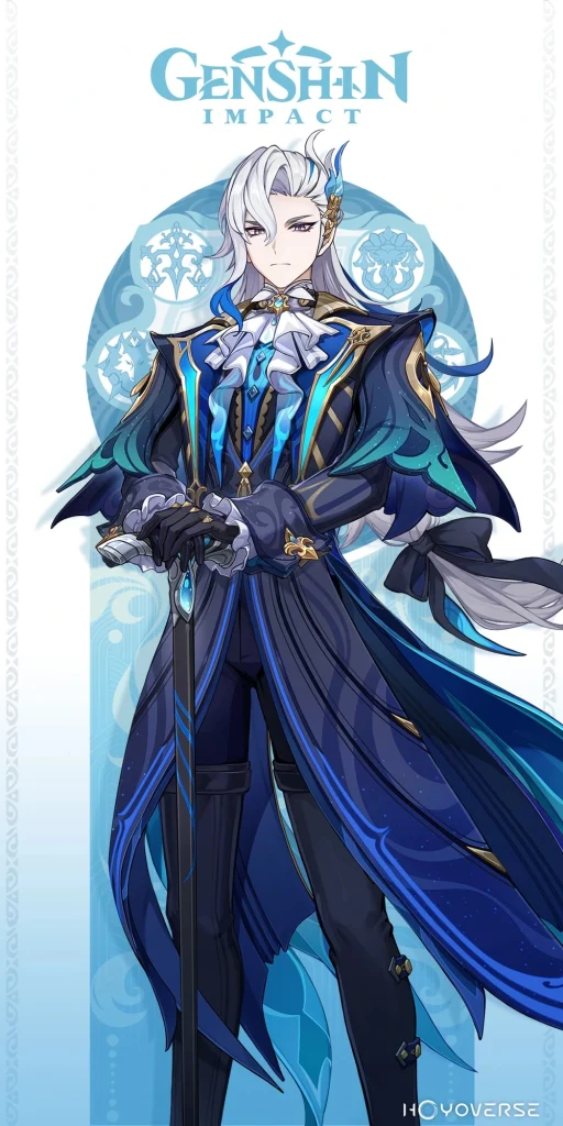 Neuvillette full-body portrait for Genshin Impact ascension and talent materials