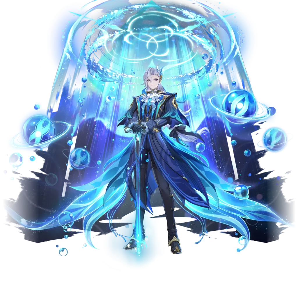 Neuvillette official splash art with Sourcewater Droplets and Hydro energy
