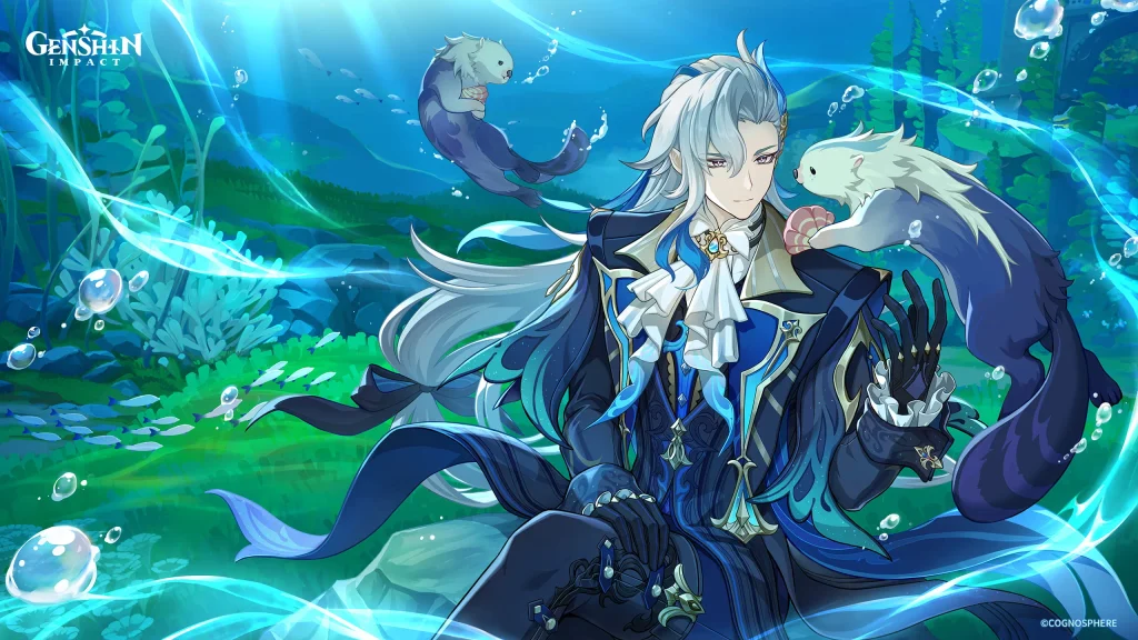 Neuvillette swimming underwater with Fontaine otters in Genshin Impact